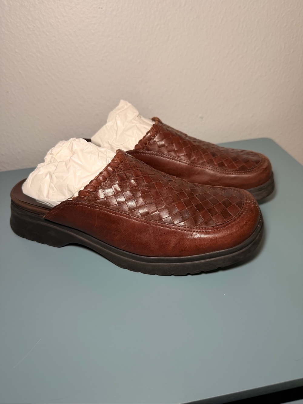 Vintage Nicole Brown Woven Leather Slip-On Mules - Size 7.5